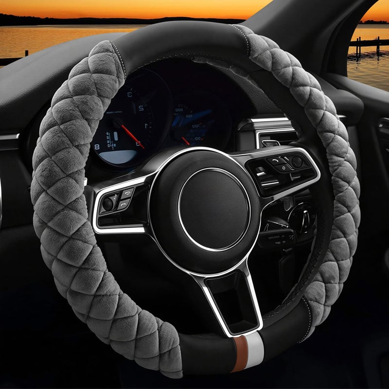 Cxtiy Fluffy Steering Wheel Cover Women Men Plush Steering Wheel Warmer for Winter Soft Fuzzy Luxury Car Accessories (A-Gray) - Image 1